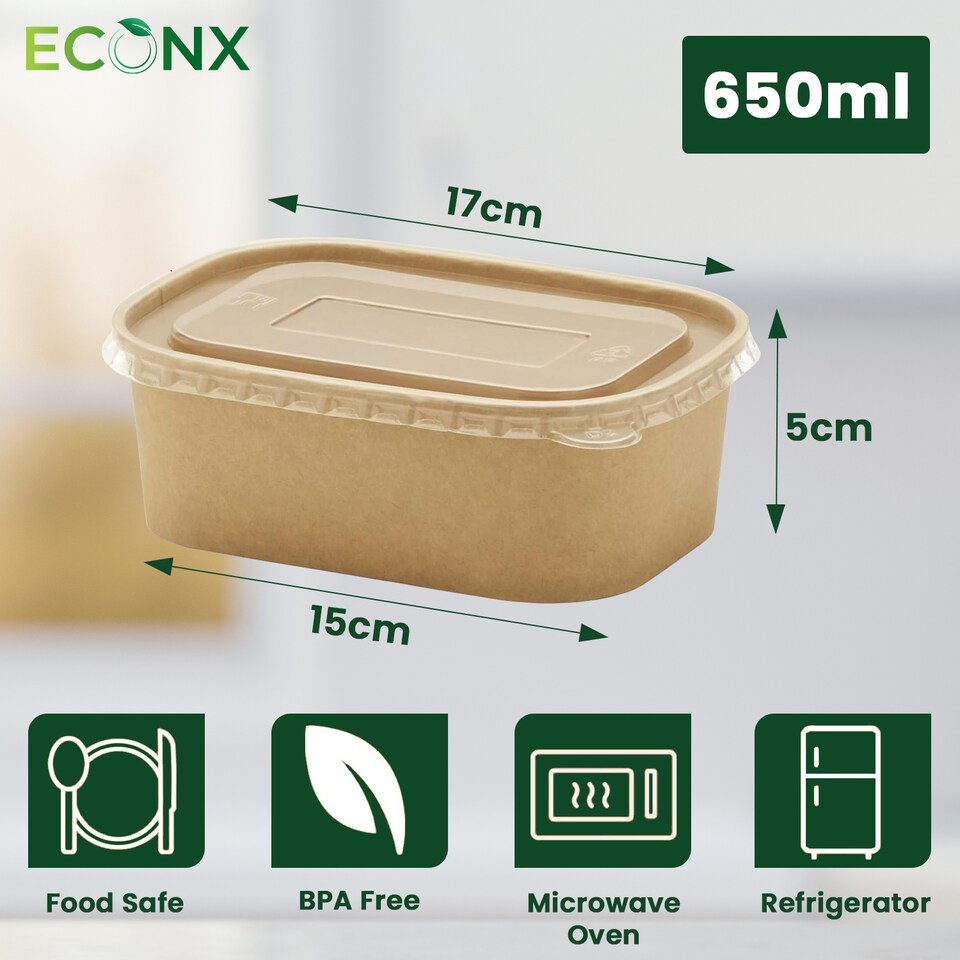 image 1 of ECONX 650ml Kraft Food Containers with Plastic Lids Rectangular Takeaway Food Box 50pc