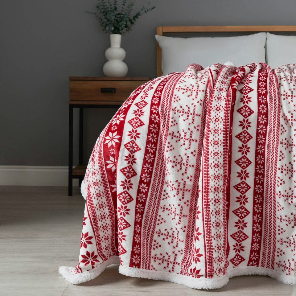 image 1 of BHS Christmas Fairisle Throw with Sherpa Back | Red | Red | 1