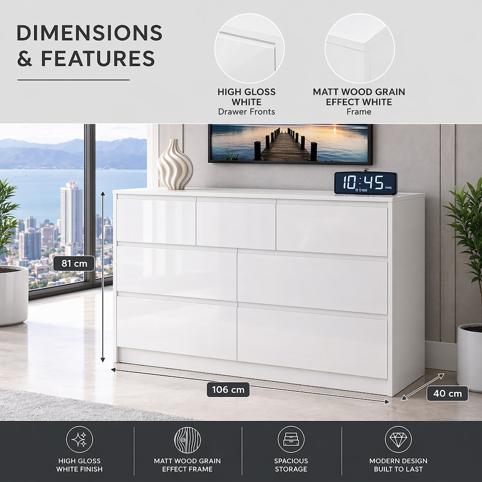 image 1 of LUXURY White High Gloss Chest of Drawers, 7 Drawer Handleless Cabinet