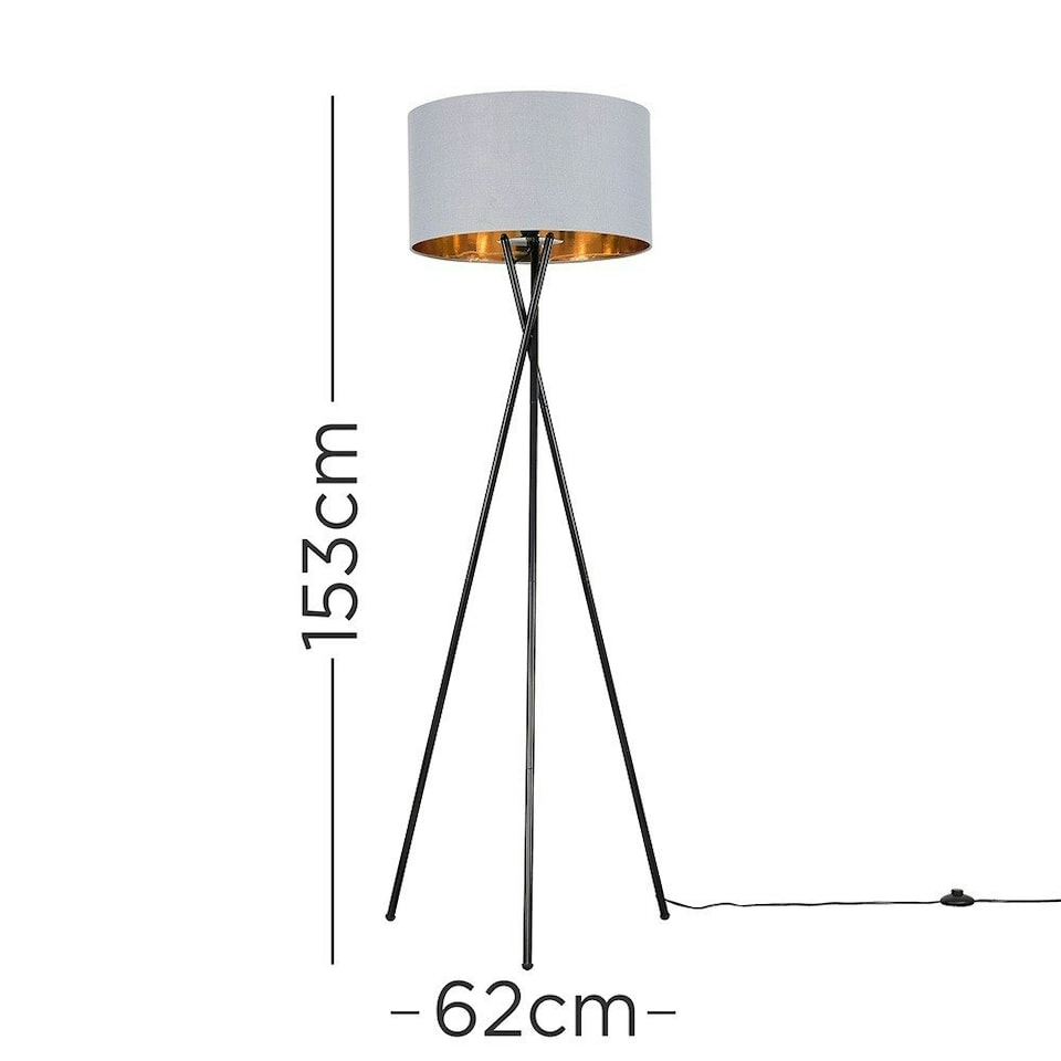 image 1 of ValueLights Camden Black Tripod Floor Lamp Grey & Gold Shade & Bulb Gold