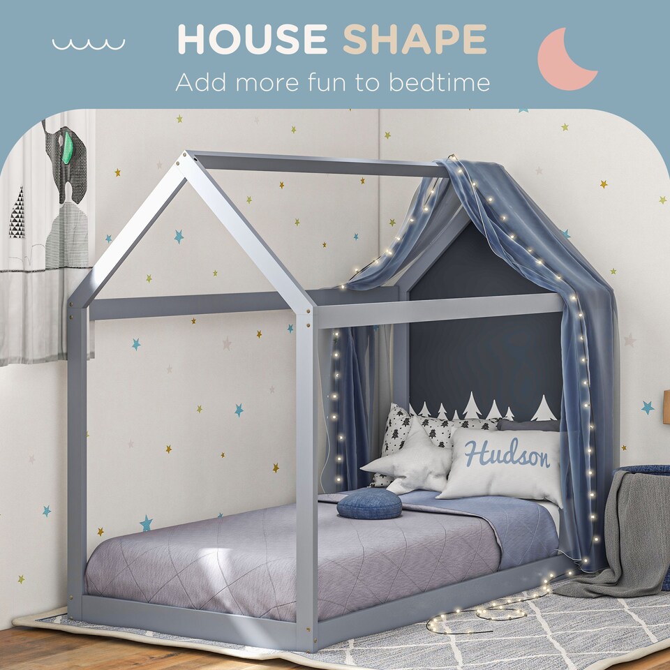 image 1 of HOMCOM Wooden Single Bed Frame with Tree House Style, Grey