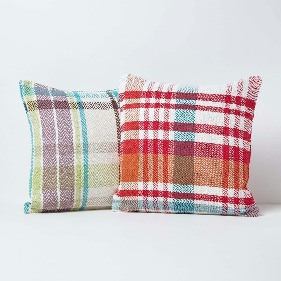 image 1 of Homescapes Green Tartan Cotton Falun Cushion Cover - 45 x 45 cm | Green | Green | 45 x 45 cm
