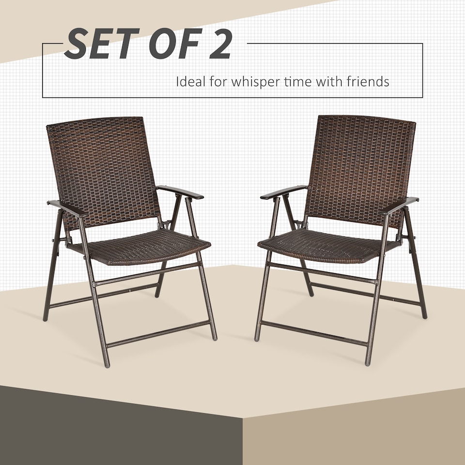 image 1 of Outsunny Folding Garden Chairs Set of 2, PE Rattan Garden Dining Chairs with Armrests, High Back and Steel Frame, Weather Resistant Outdoor Dining Furniture for Patio, Balcony, Brown