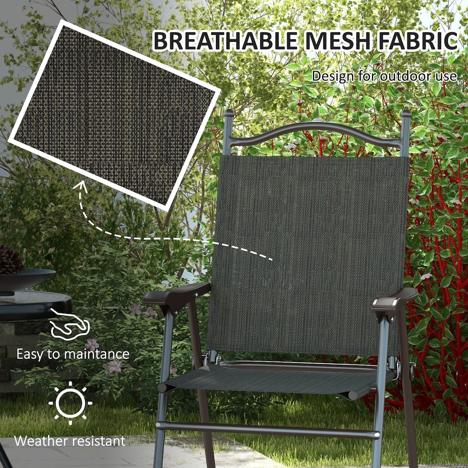 image 1 of Outsunny Folding Chairs Set of 2, Garden Chair with Armrest, Breathable Mesh Fabric Seat, Camping Sports Chairs for Adults, Dark Brown