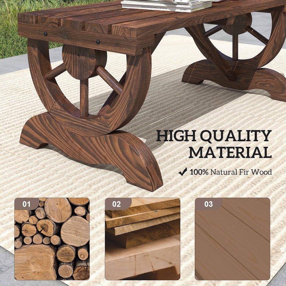 image 1 of Outsunny Wooden Wheel Bench Rustic Outdoor Patio Garden Seat 2-Person Brown | Brown