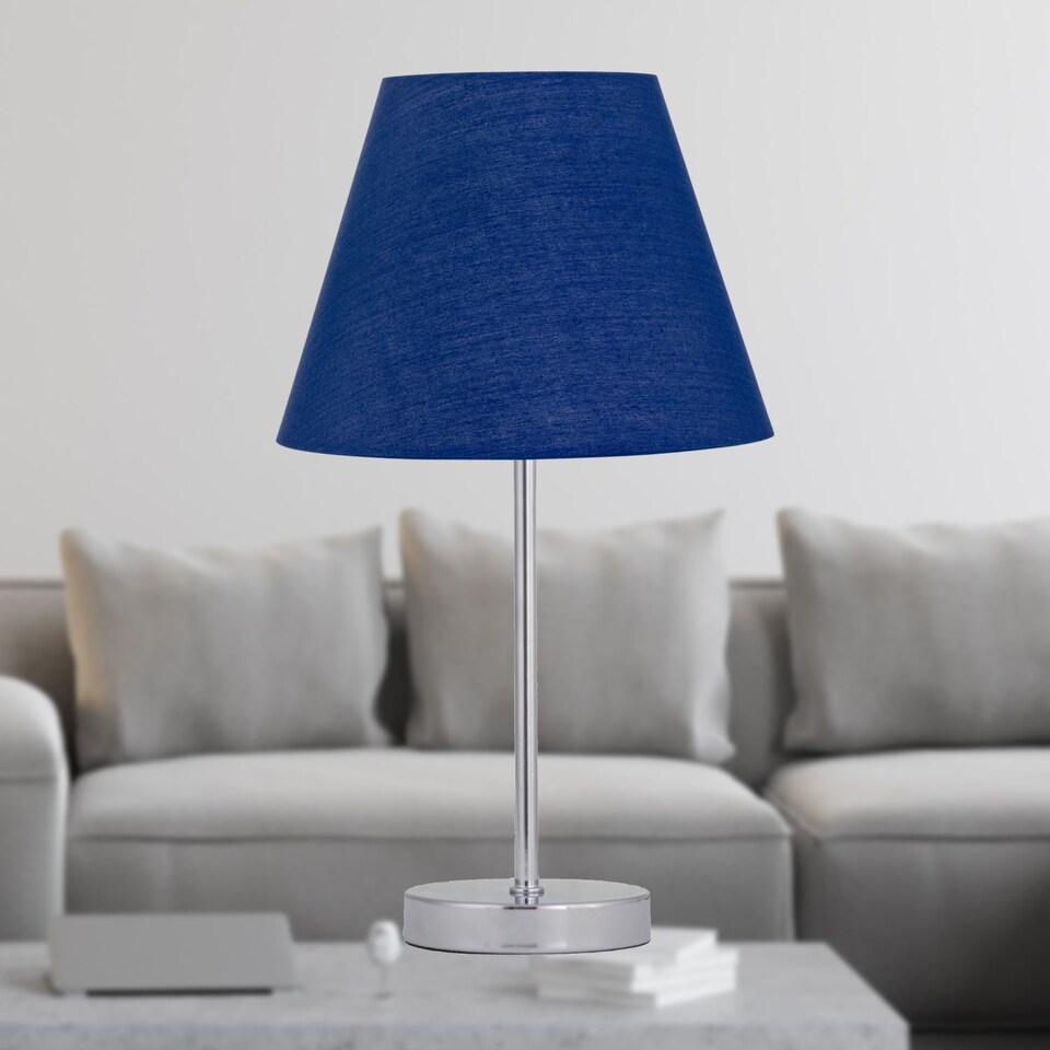 image 1 of Set of 2 Chrome Touch Operated Table Lamps with Navy Blue Shades
