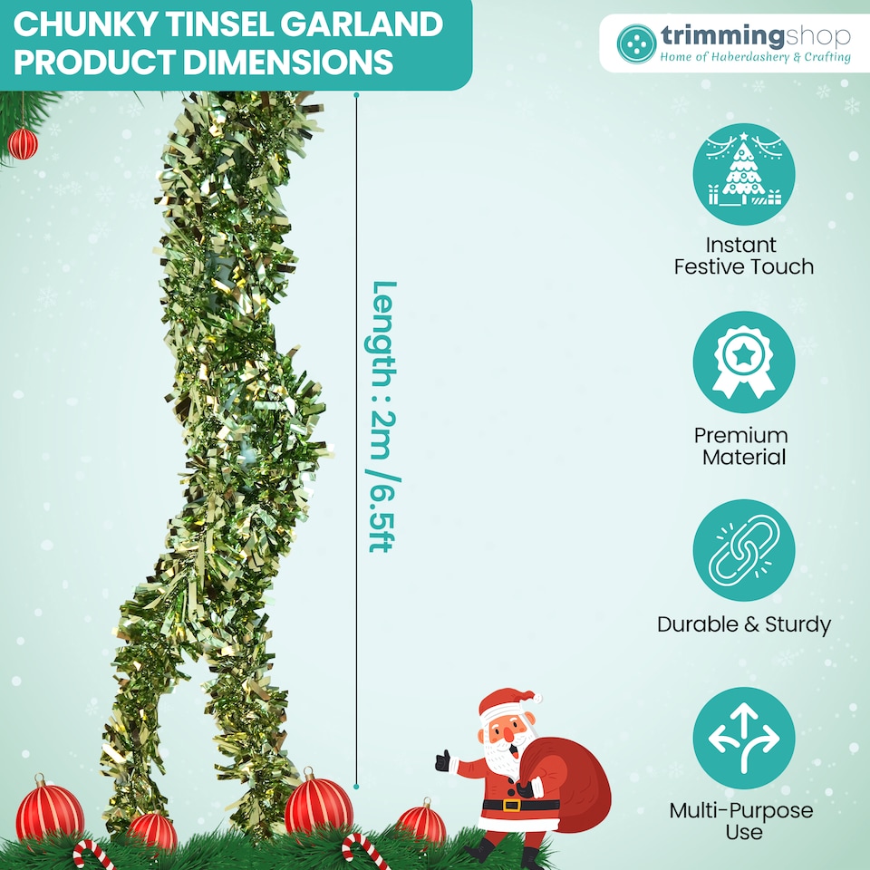 image 1 of 6.5ft/1.98m Wide Chunky Christmas Tinsel Garland Shiny Foil Twist Garland