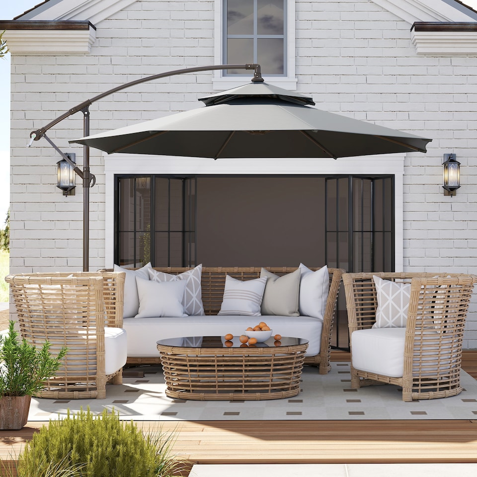 image 1 of Outsunny 2.7m Garden Banana Parasol Cantilever Umbrella with Crank Handle, Double Tier Canopy and Cross Base for Outdoor, Hanging Sun Shade, Dark Grey