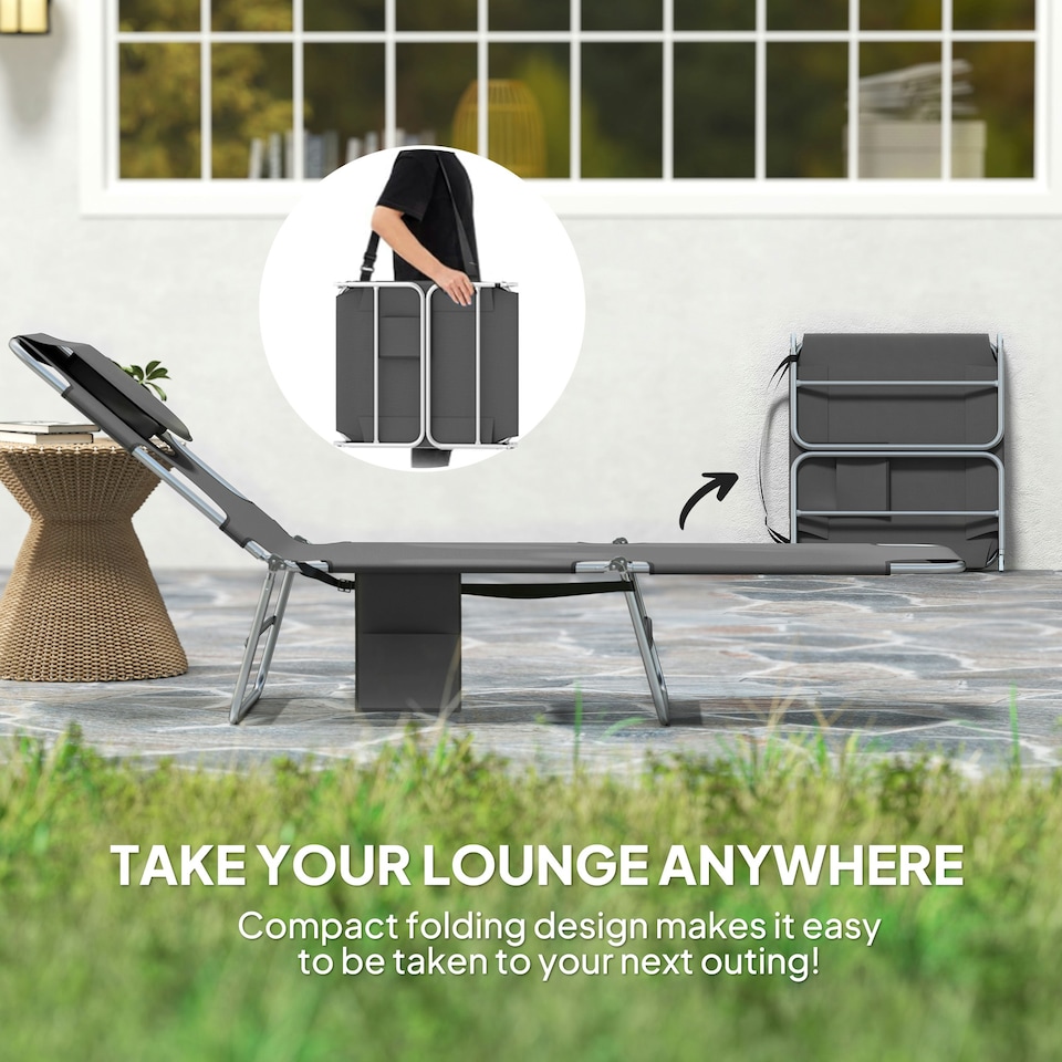 image 1 of Outsunny Foldable Sun Lounger 5 Level Adjustable Reclining Chair Dark Grey