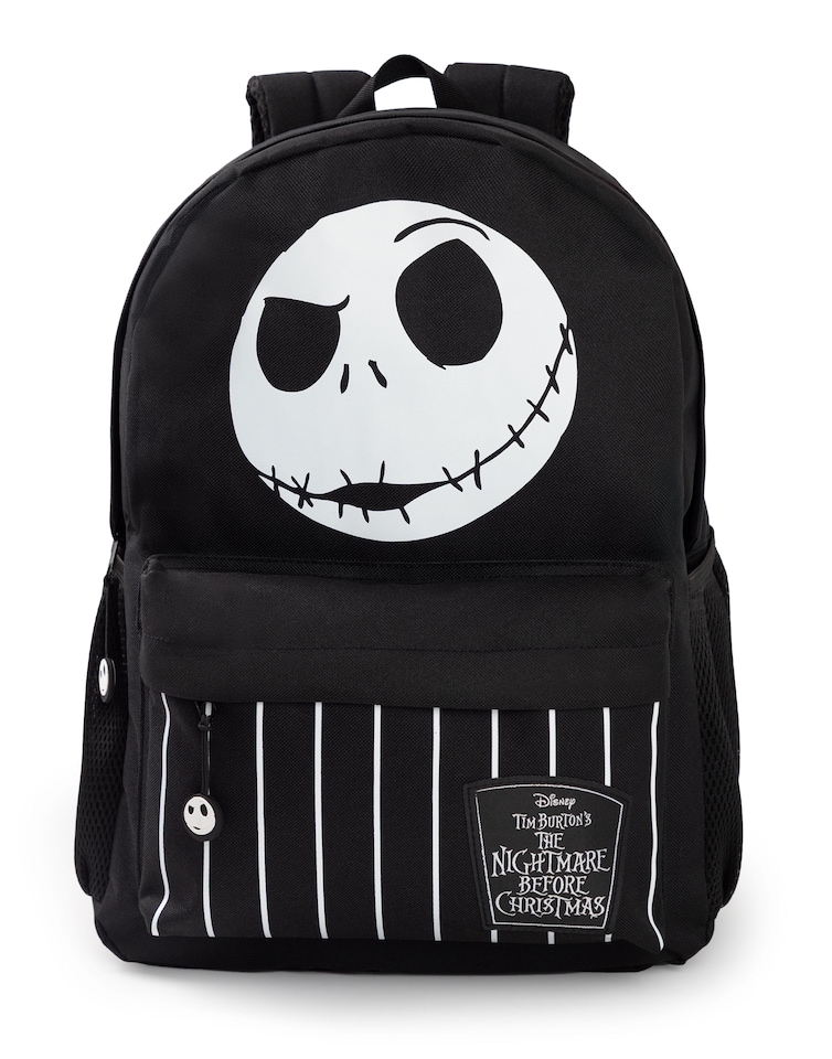 image 1 of Disney The Nightmare Before Christmas Jack Skellington Backpack | Black and White Stripes Design | Zip-Up School Bag for Back to School & Carrying Books | Disney Merch | Black | Black