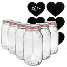 Argon Tableware Glass Storage Jars with Heart Labels - 2L - Clear - Pack of 6