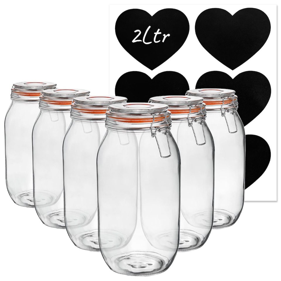 image 1 of Argon Tableware Glass Storage Jars with Heart Labels - 2L - Clear - Pack of 6