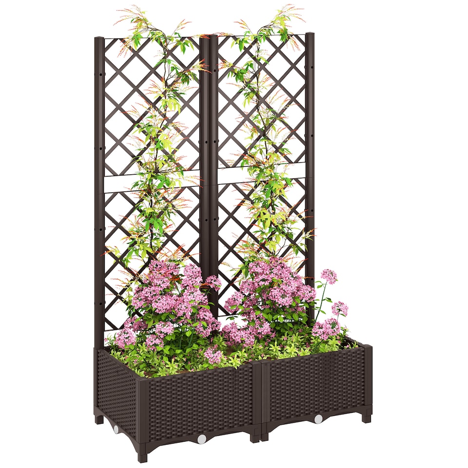 image 1 of Outsunny Raised Garden Bed with Trellis, Plastic Planter Box with Drainage Holes, Drain Plugs and Water Reservoirs for Climbing Plants, Vegetables, Flowers | Brown