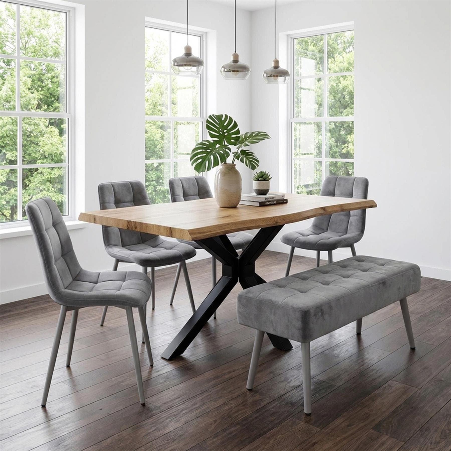 Dining Table with 4 Grey Velvet Chairs and Padded Bench, Dining Room Furniture