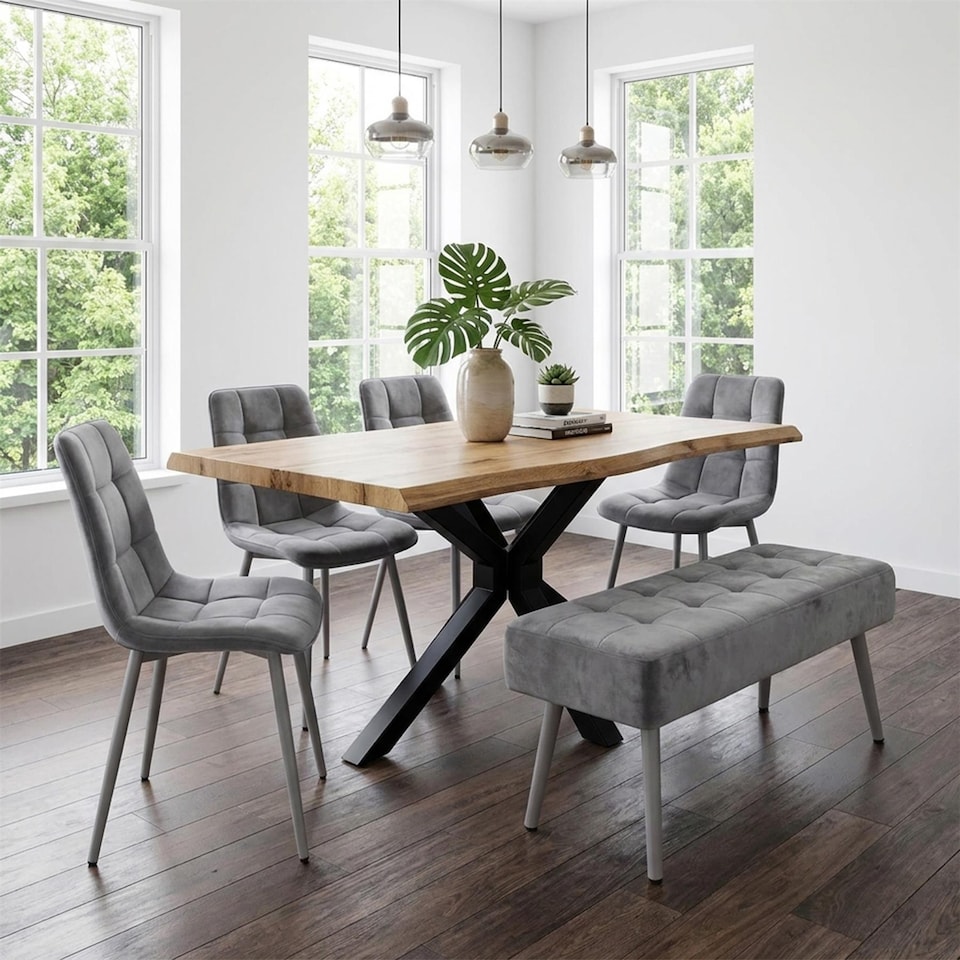 image 1 of Dining Table with 4 Grey Velvet Chairs and Padded Bench, Dining Room Furniture