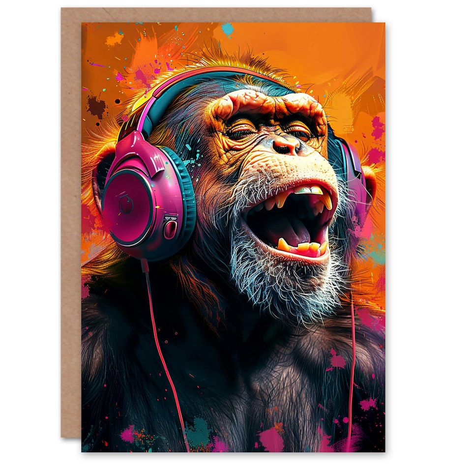 image 1 of Headphones Funky Music Chimp Man Him Birthday Card