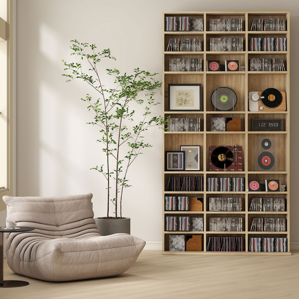 image 1 of HOMCOM 1116 CD/ 528 DVD Storage Unit, Media Storage Shelf, Wooden Display Unit with Adjustable Shelves, 102 x 195 cm, Oak Tone | White