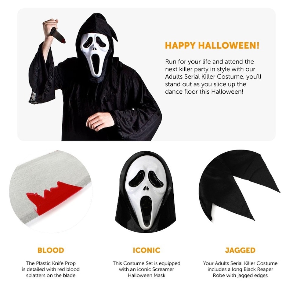 image 1 of Screaming Ghost Face Killer Costume with Knife Black | L