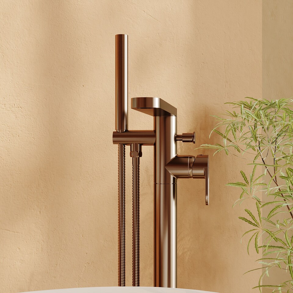 image 1 of Balterley Modern Freestanding Round Bath Shower Mixer Tap with Fluted Lever Handle and Kit | Brown | Brushed Bronze