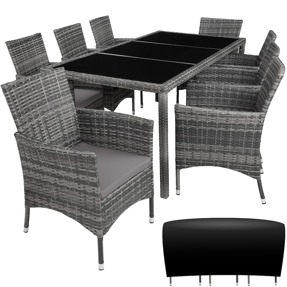 image 1 of Garden Furniture Set Almansa - 8 chairs, dining table, with protective cover | Grey | mottled grey/grey | 60 x 55 x 83 cm | 1