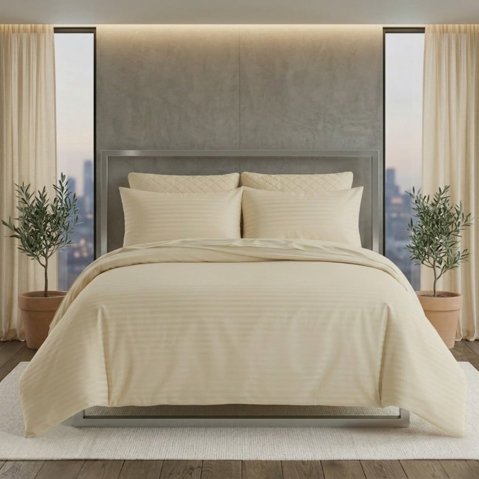 image 1 of Luxury Satin Stripe Duvet Cover Set T250 Cotton Rich Soft Bed Linen | Cream | Single