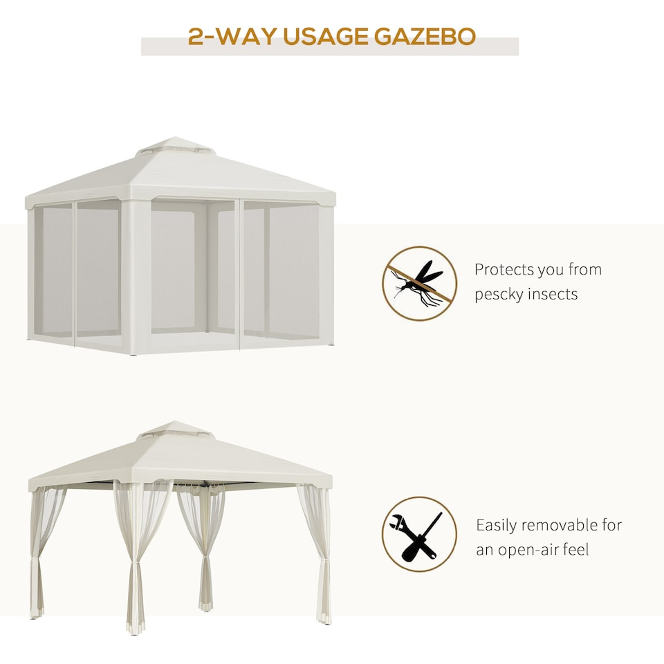 image 1 of Outsunny 3 x 3 m Metal Gazebo Garden Pavillion Double Roof Outdoor Canopy Shelter with Mesh Sidewalls Cream White