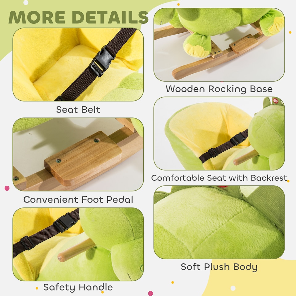 image 1 of HOMCOM Kids Rocking Horse, Plush Ride-On Dinosaur Seat with Safety Belt, 32 Songs, Ride-On Horses Toy, for Ages 18 Plus Months - Green