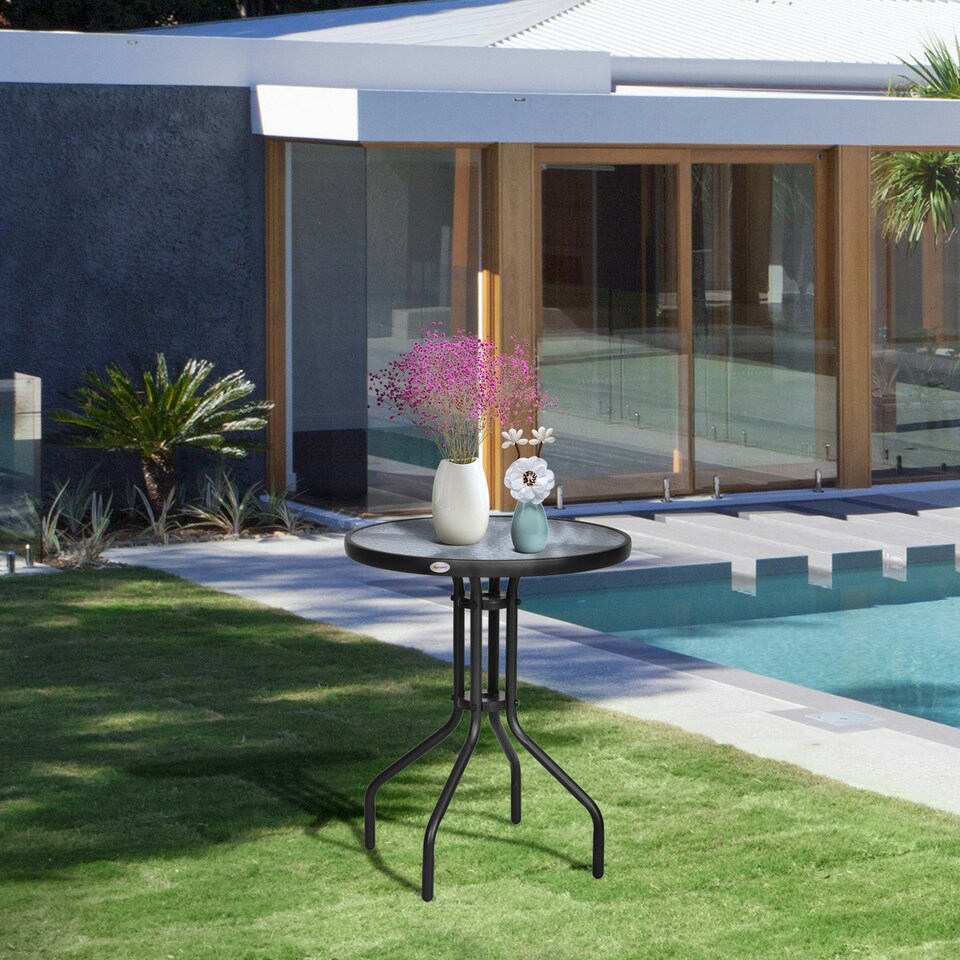 image 1 of Outsunny Outdoor Bistro Table Rounding Dining Tempered Glass Top Black φ60cm