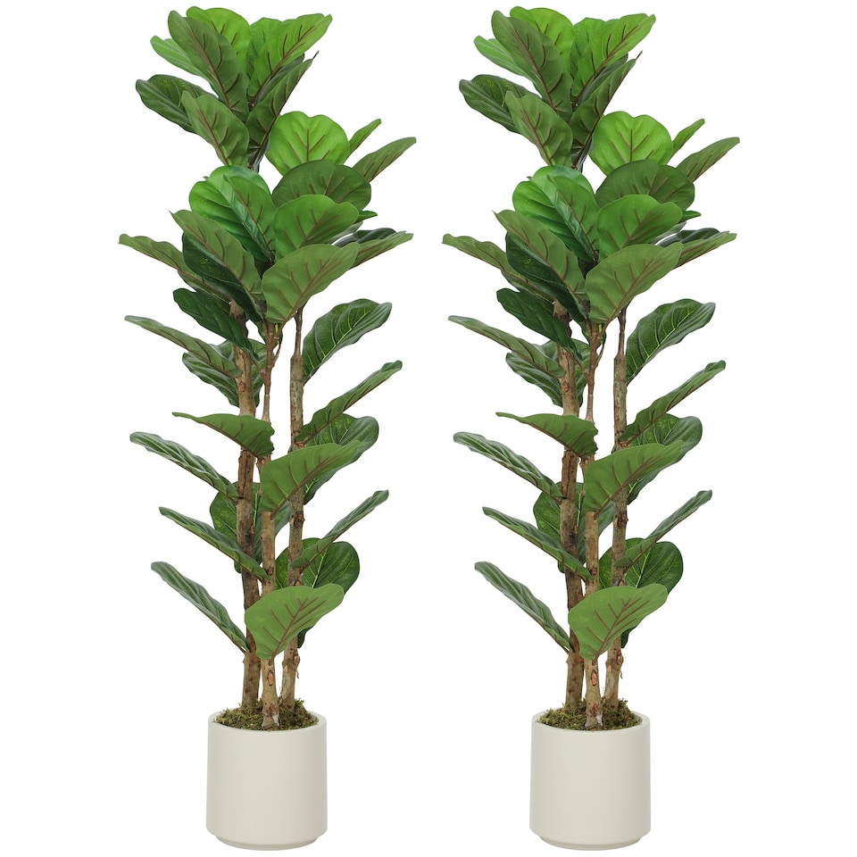 image 1 of HOMCOM 120cm 2 PCs Artificial Fiddle Leaf Fig Trese with Solid Wood Trunks