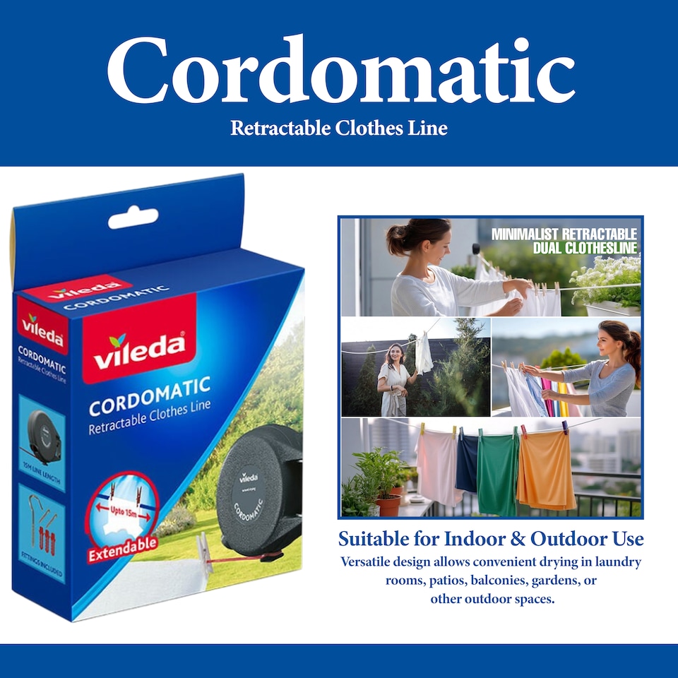 image 1 of Vileda Cordomatic Retractable Clothes Line Indoor Outdoor Washing Line 15m
