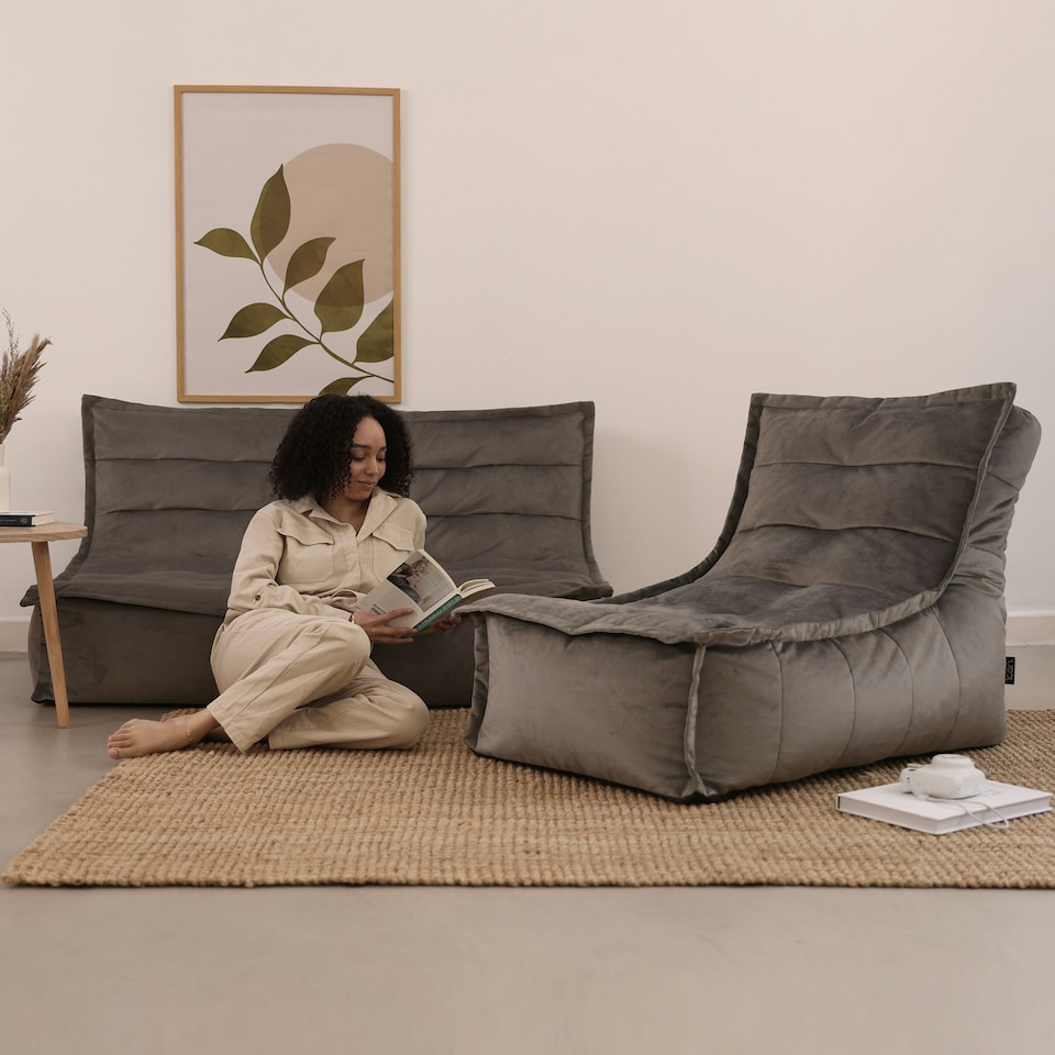 image 1 of icon Kota Velvet XL Bean Bag Sofa & Lounger Set Grey Bean Bag Chair Grey