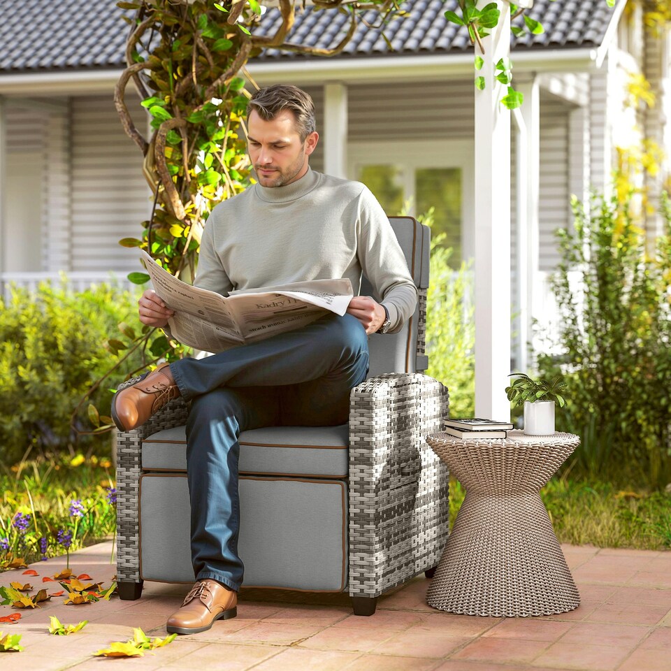 image 1 of Outsunny Rattan Garden Recliner Sun Lounger w/ Flip Table 