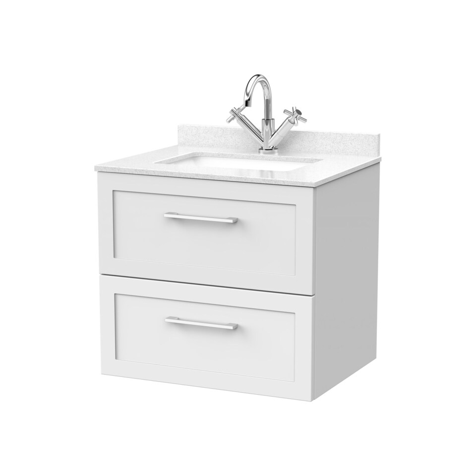 image 1 of Stonnall Traditional Wall Hung 2 Drawers Vanity Unit with Marble Top with Basin, 600mm, Matt White