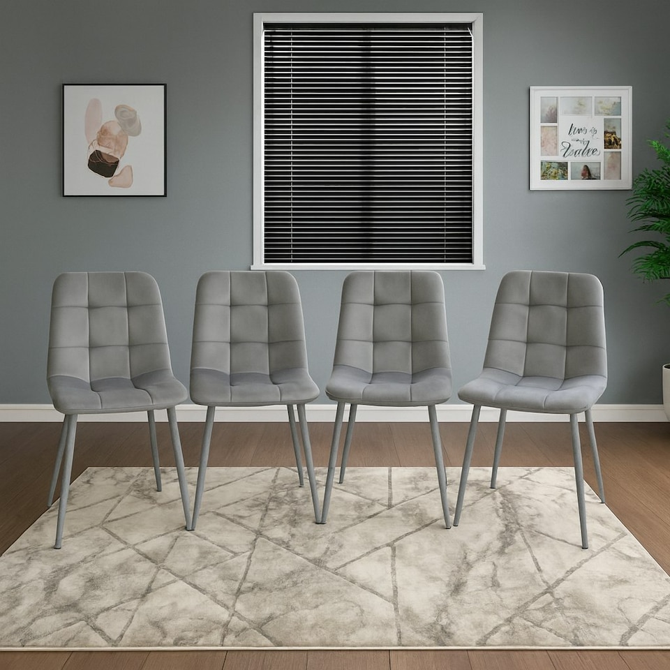 image 1 of Dining Table with 4 Grey Velvet Chairs Stone Grey Effect Wood Table Set for Dining Room Grey