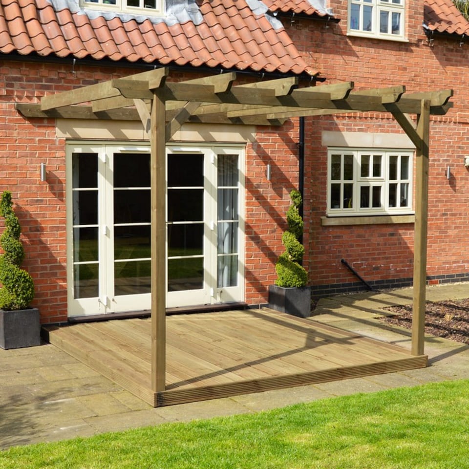 image 1 of Wall Mounted Garden Pergola and Decking Kit - Wood - L480 x W480 cm - Rustic Brown