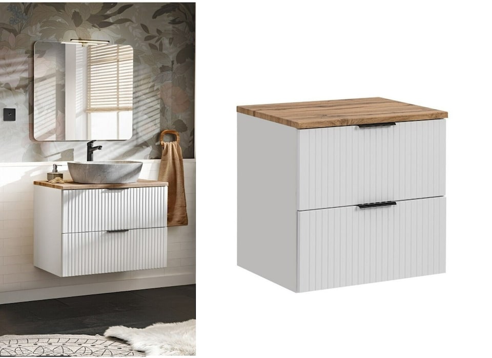 image 1 of Wall Hung White Bathroom Vanity Unit 600mm Oak Countertop Worktop Cabinet with Drawers Ribbed Fluted Adel