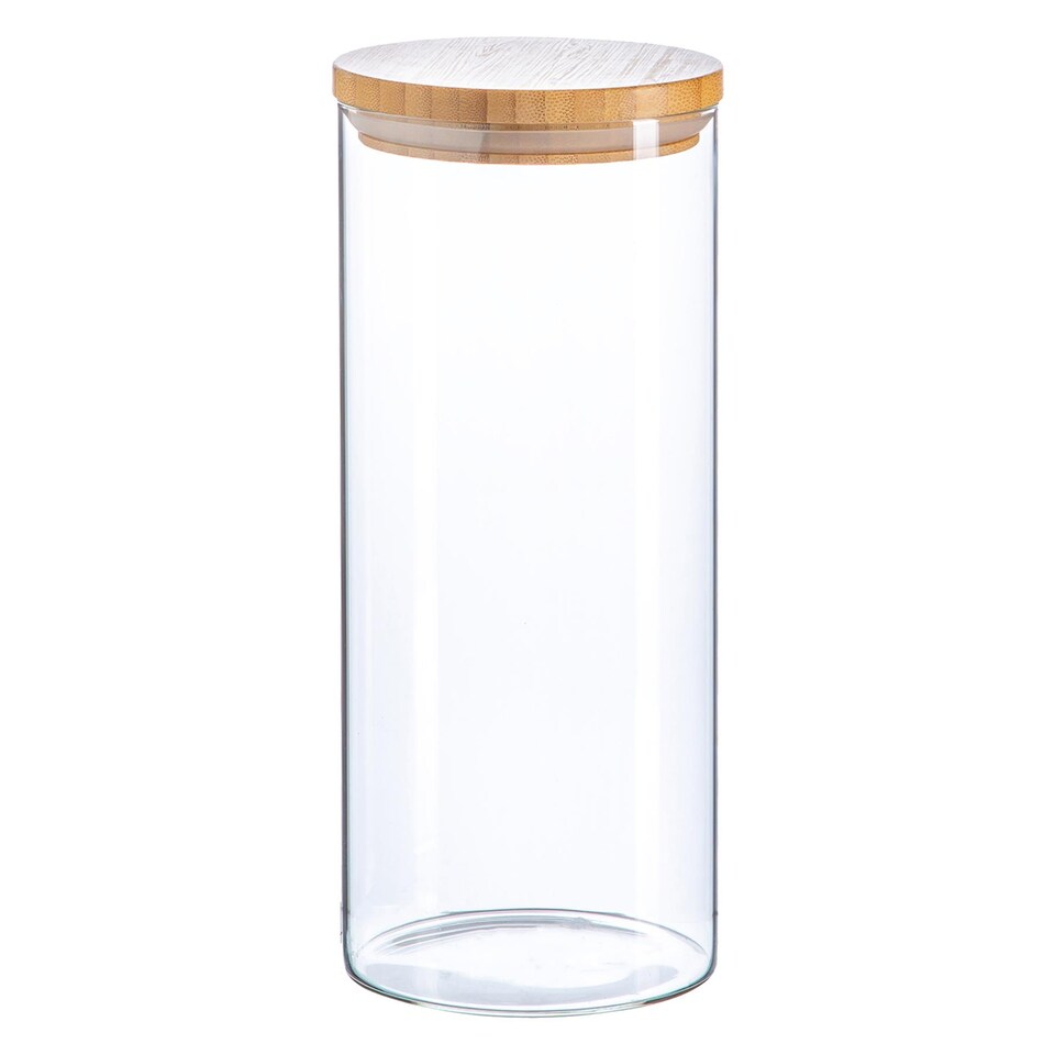 image 1 of Argon Tableware Glass Storage Jar - Wooden Lid - 1.5 Litre - Modern Round Scandi Organisation Container Glass Jar