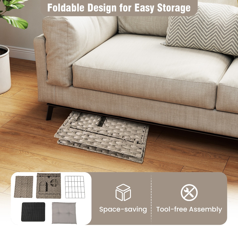 image 1 of COSTWAY Foldable 2-tier Rattan Cat Litter Box Enclosure With  Litter Mat-Gray