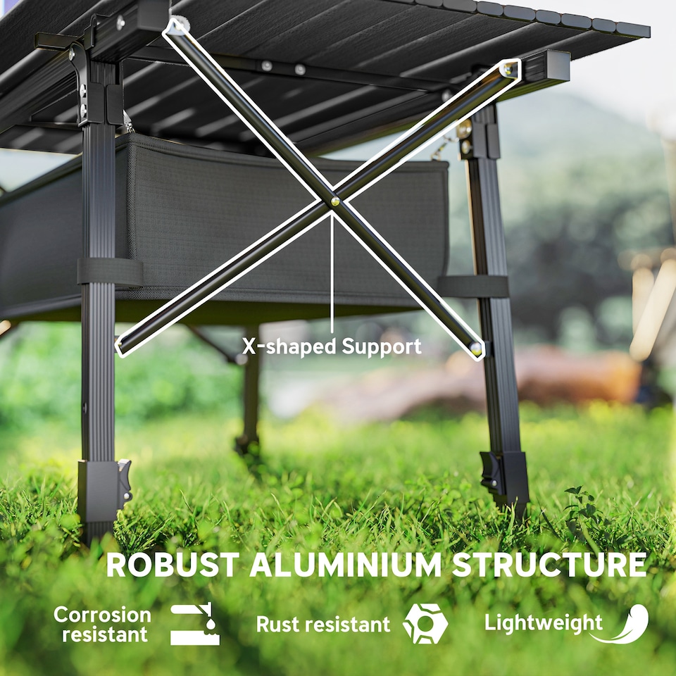 image 1 of Outsunny Folding Camping Table, 90 x 55 cm Height Adjustable Portable Collapsible Table, 3ft Lightweight Aluminium Rollup Picnic Table with Storage Basket for Outdoor Garden Party BBQ, Black | Black | Black | 90L x 55W x 66H cm