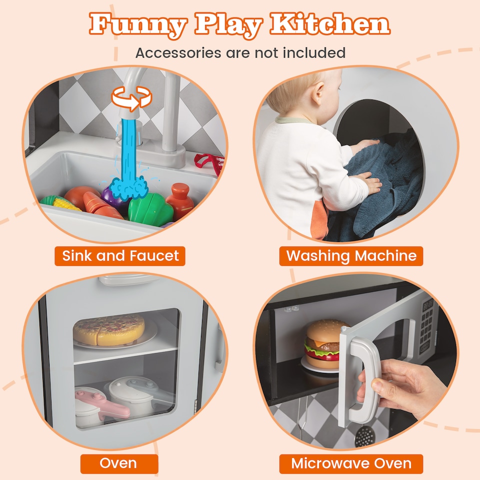 image 1 of COSTWAY Pretend Play Kitchen Kids Wooden Toy Set Kitchen Accessory Playset Grey