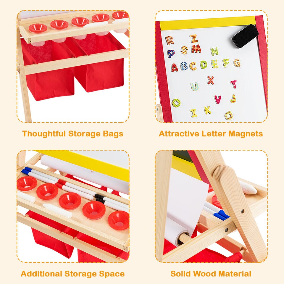 image 1 of COSTWAY 3-in-1 Wooden Kids Art Easel Magnetic Double Sided Easel Blackboard Whiteboard