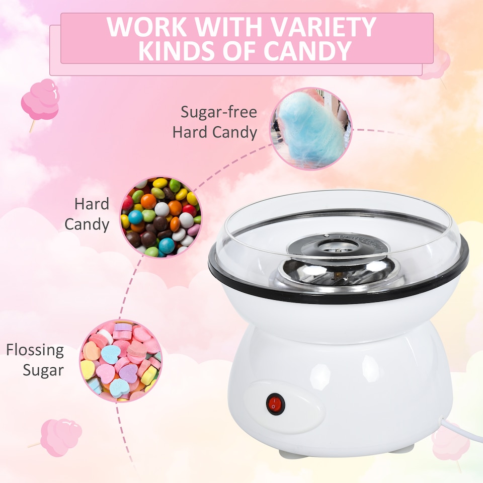 image 1 of HOMCOM 450W Candy Floss Machine, Professional Automatic Cotton Candy Sweet Machine with Candyfloss Sticks, Spoon, Splash Guard, Non-Slip Base for Birthday Christmas Wedding Party, Funfair Style, White