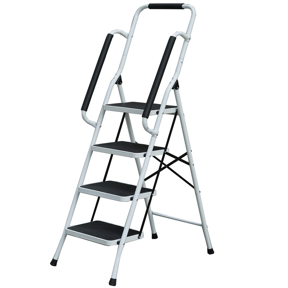 image 1 of Gr8 Home 4 Step Ladder Folding Stool Non Slip Tread Steel Foldable Home DIY With Handrail