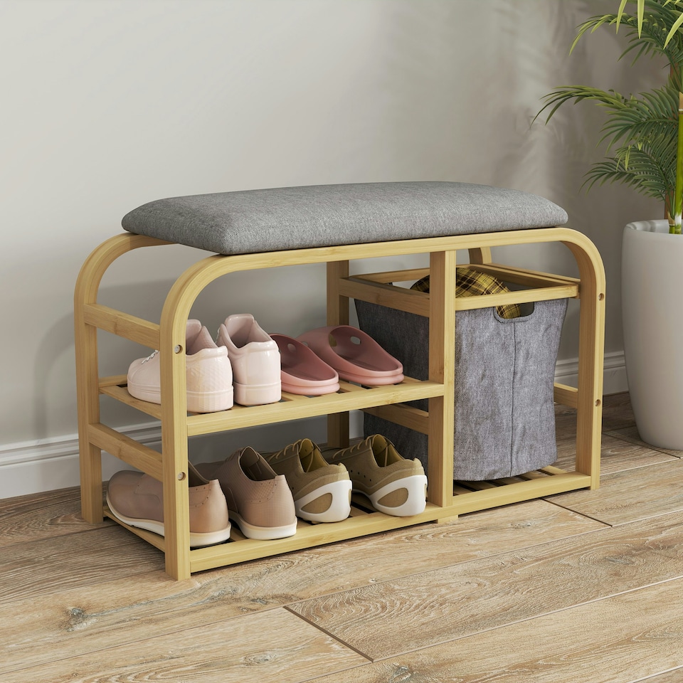 image 1 of HOMCOM Shoe Rack Bench with Seat for Hallway, Entryway, Nature Wood Finish Yellow