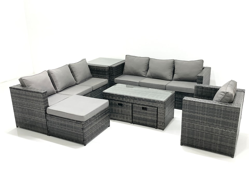 image 1 of Fimous Outdoor Garden Furniture Set 10 Seater Rattan Sofa Set with Coffee Table 3 Footstools Armchair Side Table Dark Grey Mixed