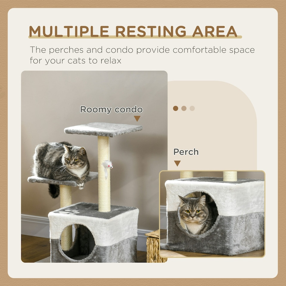 image 1 of PawHut Cat Tree Tower Kitten House Scratching Post with Mouse Toy Grey