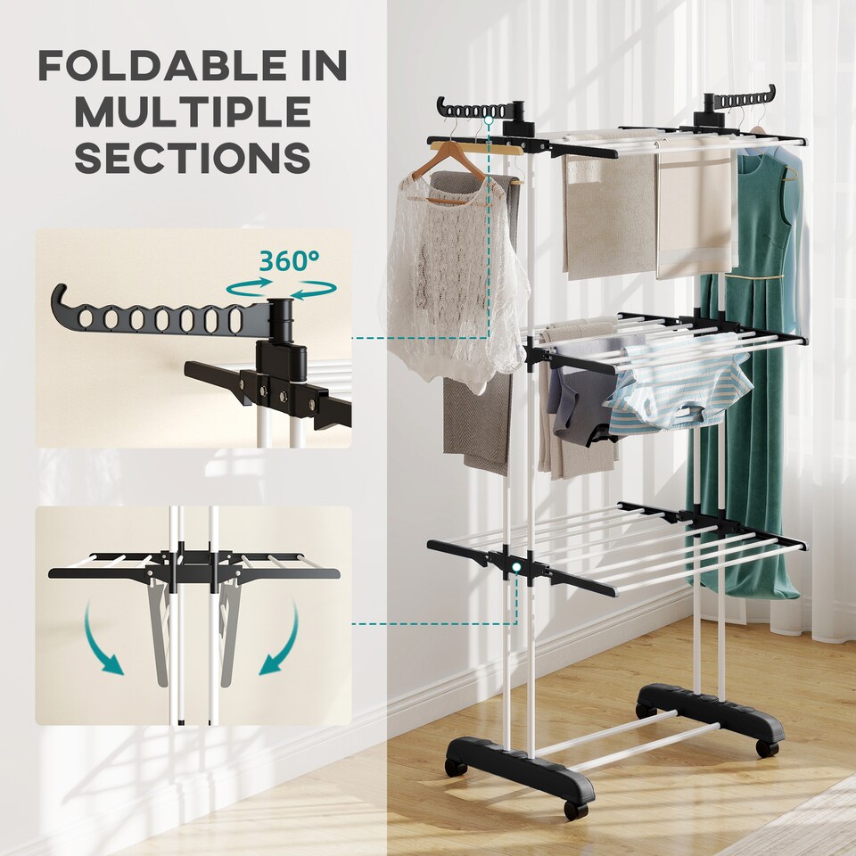image 1 of HOMCOM Foldable Clothes Drying Rack Steel Garment Dryer with Casters Black