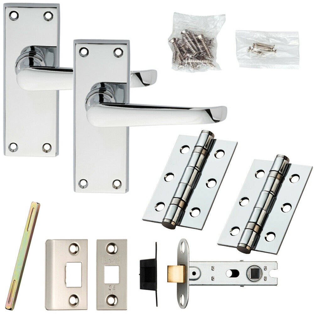 Loops Door Handle & Latch Pack Chrome Victorian Straight Lever Backplate 150 x 42mm