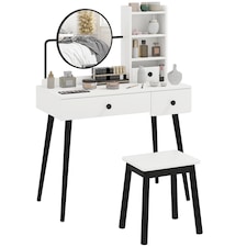 HOMCOM Dressing Table Set with Mirror and Stool, Vanity Makeup Table with 3 Drawers and Open Shelves for Bedroom, Living Room, White