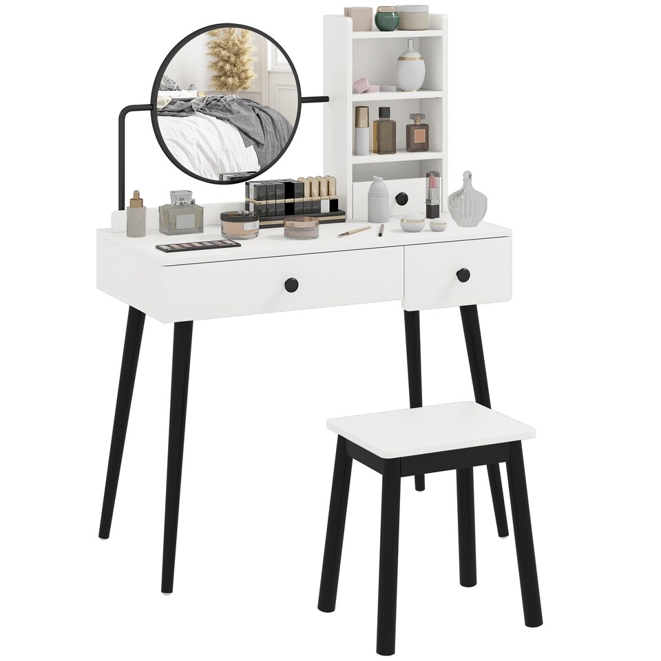 image 1 of HOMCOM Dressing Table Set with Mirror and Stool, Vanity Makeup Table with 3 Drawers and Open Shelves for Bedroom, Living Room, White